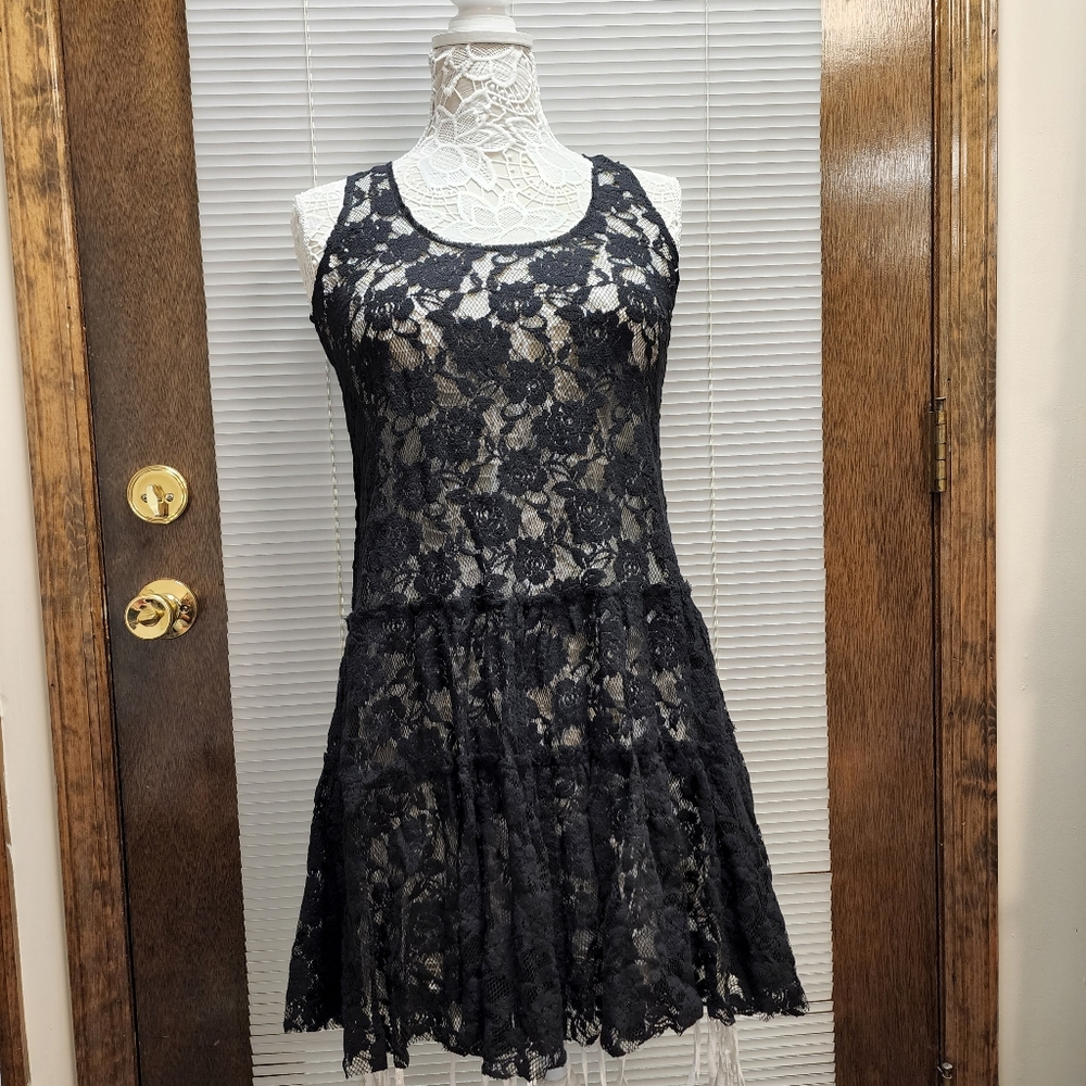 Free People Rose Lace Tiered Black Mini Dress XS/ Cover Up